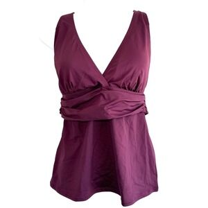 Lands End V-Neck Plunge X Back Tankini Top Wine Size M UPF 50 Chlorine Resistant